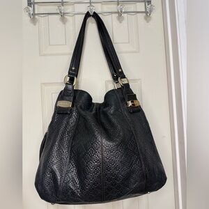 B. Makowsky 100% Leather Black Textured Hobo Slouchy Shoulder Bag Tote Purse